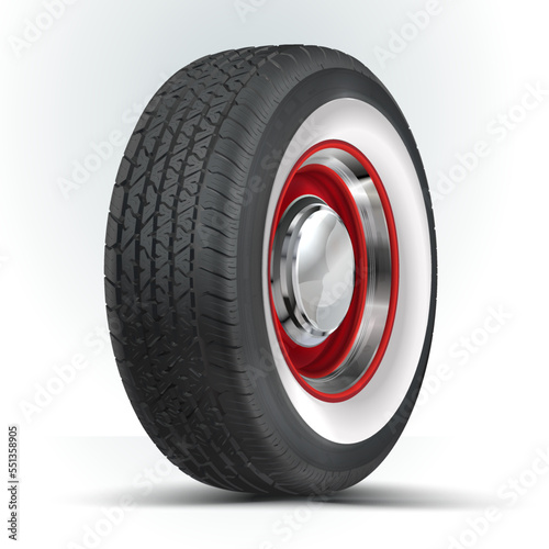 Realistic shining disk car wheel tyre isolated on white background vector illustration. Vector wheel icon. Tire shop, tyres change auto service. Retro car wheel with red rim.