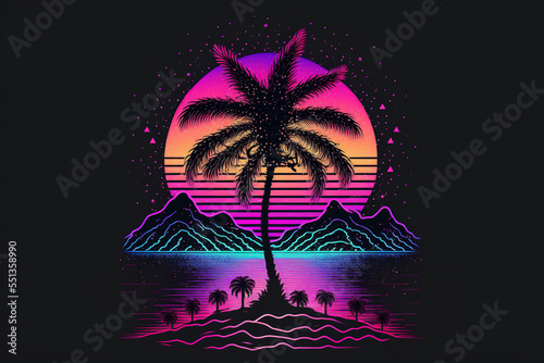 Cyberpunk futuristic Illustration of big tree from the future and the sun goes down with neon cyber lights. Party poster. Dark, black background.