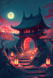 Night view of an ancient Japanese temple with red lanterns and a bright full moon in the sky