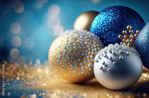 Christmas balls, sparkles, glitter and lights out of focus, blue background generated sketch art 