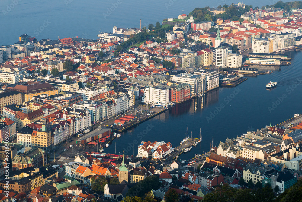 Panoramic view of Bergen in Norway in the morning