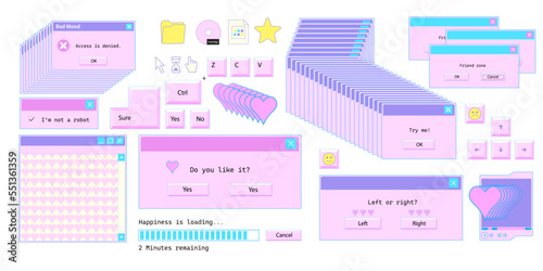 Retro message box with buttons, icons. Old user interface windows. Old style operating system. Nostalgia set of 1990s, 2000s pc elements. Y2K and retrowave style illustration