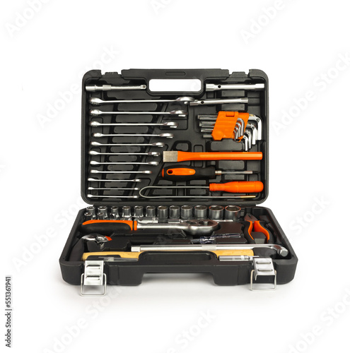 Toolbox, tools kit case detail close up instruments. set of tools car tool kit tool set background instruments for repair
