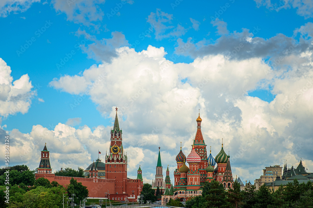 St. Basil's Cathedral and Kremlin Walls and Tower in Red square.