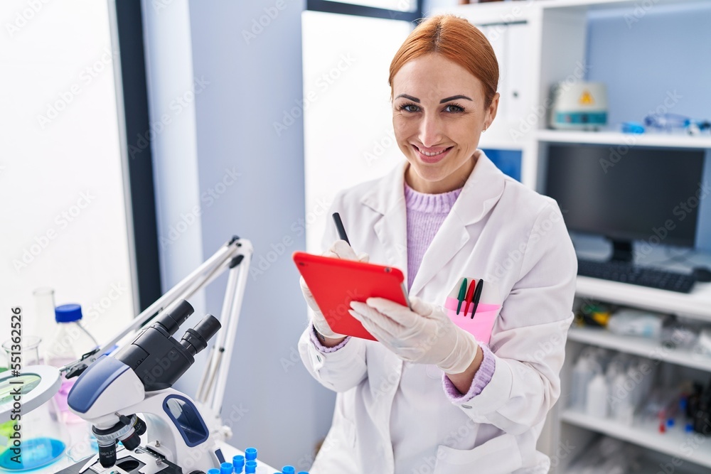 custom made wallpaper toronto digitalYoung caucasian woman scientist smiling confident using touchpad at laboratory