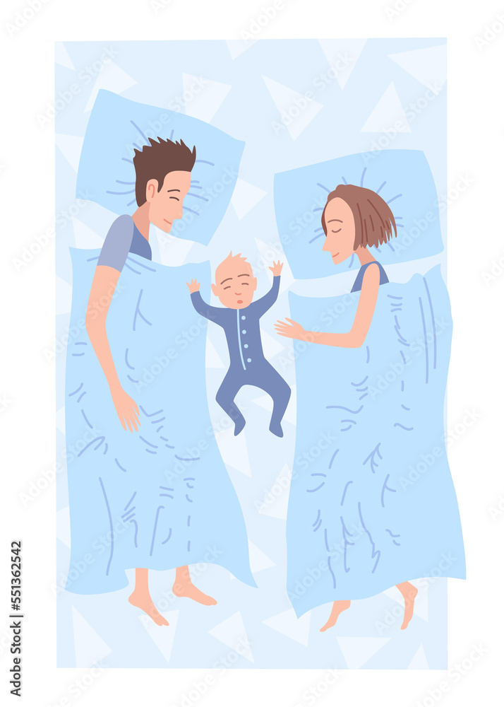Sleep people on bed. Character lying posture during night slumber. Top view asleep couple with baby at bedroom. Female and male night dream position Sleep people on bed. Character lying posture during night slumber. Top view asleep couple with baby at bedroom. Female and male night dream position