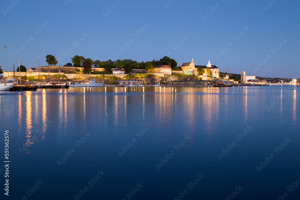 Iluminated Akershus Fortress in Oslo during the blue hour Iluminated Akershus Fortress in Oslo during the blue hour