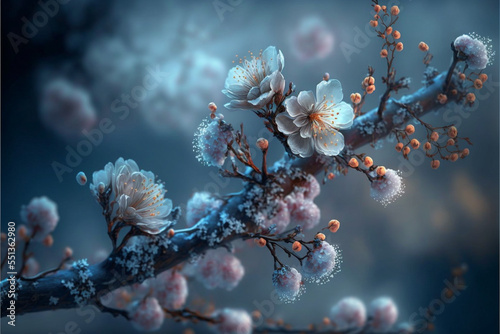 beautiful branch, mild fairy mist, pale blue plum blossom, plum blossom.