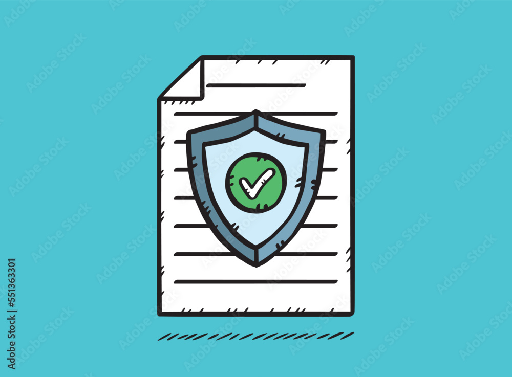 Vector illustration of an antivirus shield document. The green checkmark indicates successful protection of the document. Vector illustration of an antivirus shield document. The green checkmark indicates successful protection of the document.