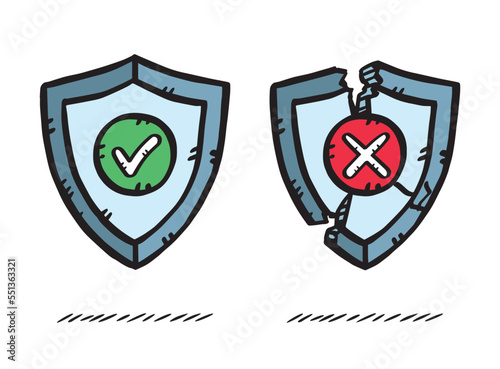 Vector illustration of two antivirus shields. One shield depicts an effective defense, the other is shattered.