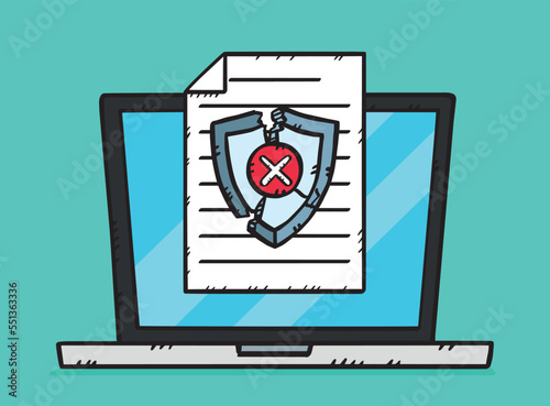 A hand-drawn graphic depicting a laptop along with a document with fail antivirus protection. Color vector illustration. The antivirus shield is shattered.