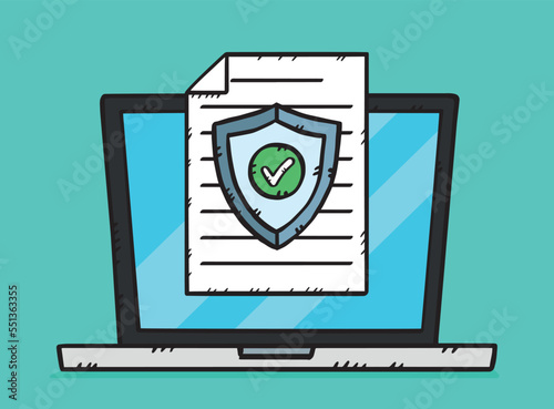 A hand-drawn graphic depicting a laptop along with a document protected by an antivirus shield. Color vector illustration.