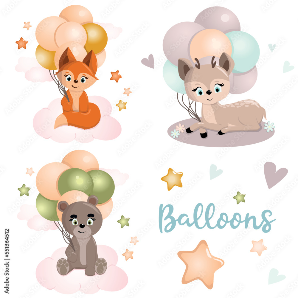 A set of cute animals with balloons. A set of vector images with pets illustration