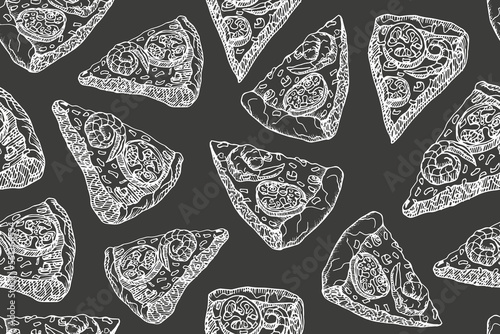 Seamless background with hand drawn vector line drawings of pizza slices. Pizza with shrimps, outline in white on a grey background