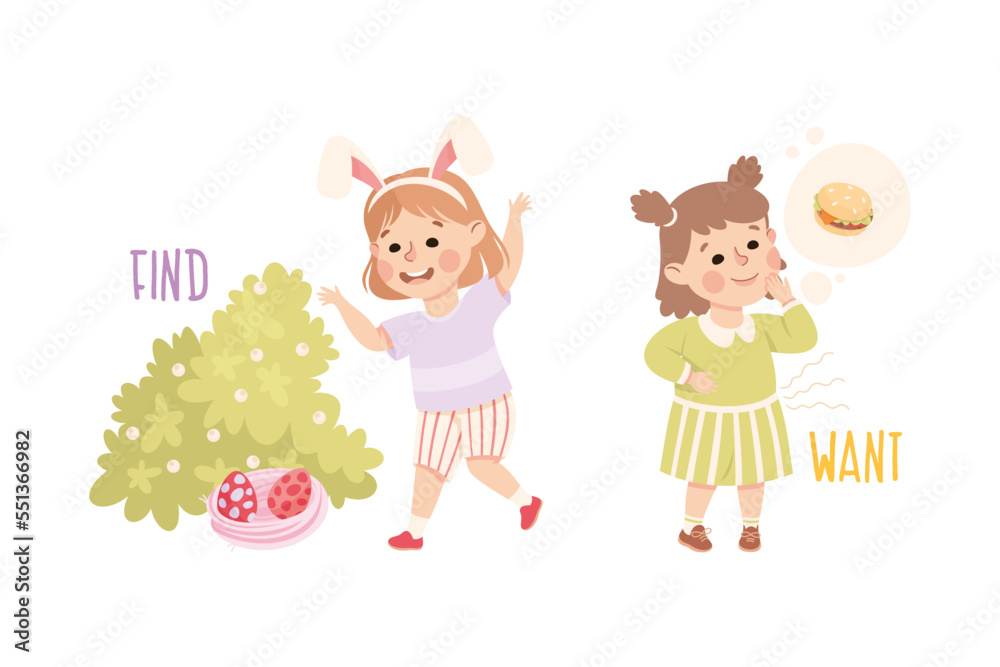 Obraz premium Little Girl Finding Eggs and Wanting Hamburger Demonstrating Vocabulary and Verb Vector Set