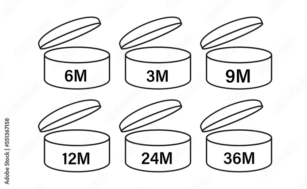 PAO vector icons of cosmetic open months expiration date, expiration date months PAO symbol set. Vector illustration PAO vector icons of cosmetic open months expiration date, expiration date months PAO symbol set. Vector illustration