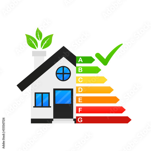 Creative illustration of a house's energy efficiency rating. Artistic design of a smart eco house. Abstract concept graphic element of the certification system with a check mark. Vector illustration
