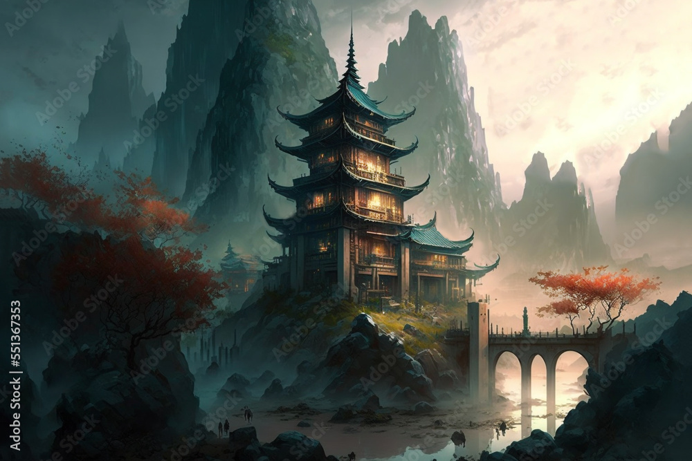 Asian style pavilion made of wood in the enchanted garden where cloud met mountain peak and red flower blossom
Asian style pavilion made of wood in the enchanted garden where cloud met mountain peak and red flower blossom