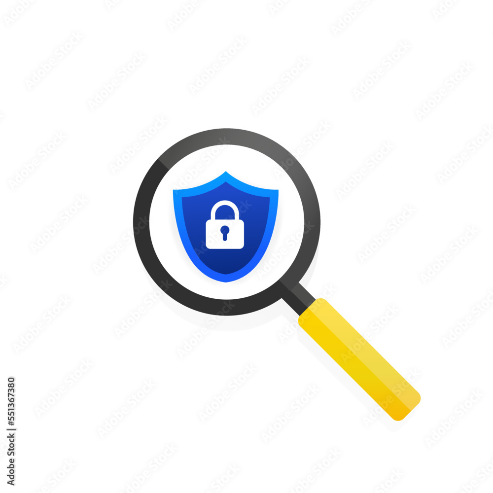 Magnifying glass with shield, protection of user data. Vector illustration