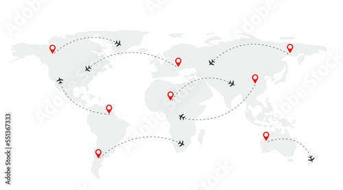 The plane moves along the trajectory. World map with flight routes, silhouettes of aircraft flights on the map. Vector illustration