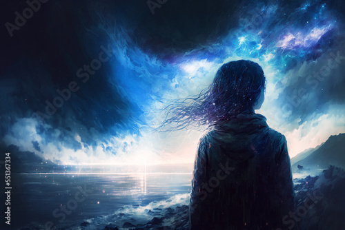 illustration of woman at the river with black cloud   photo