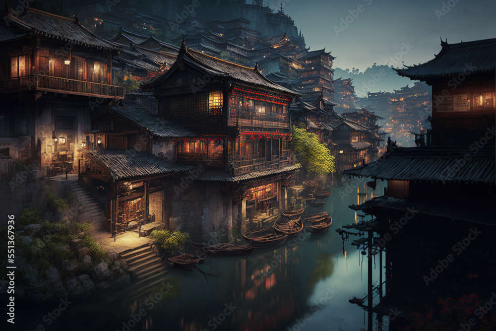 Obraz premium illustration ancient cityscape inspire from Fenghuan ancient town, China