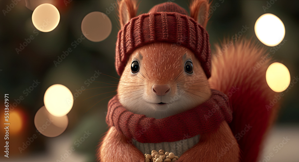 Fototapeta premium Red squirrel with warm clothes and a Christmas bokeh background, cute squirrel, squirrel holds small xmas decoration, cute, greetings, card, season, winter, illustration, digital