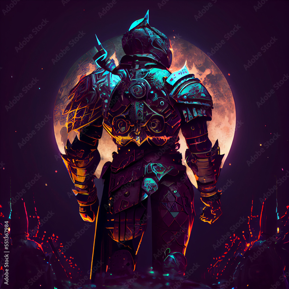 Naklejka premium Warrior in Fantasy Armor, Back View with Moon, AI