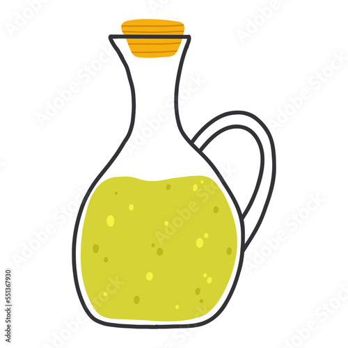 Bottle with olive oil in cartoon flat style. hand drawn vector illustration of natural oil