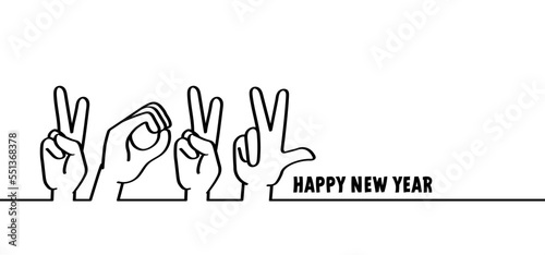 Drawing cartoon deaf sign language, 2023. Deafness cartoon. Gestures hand. Flat vector. For best wishes card or banner, happy new year 2023. Christmas, xmas  time.