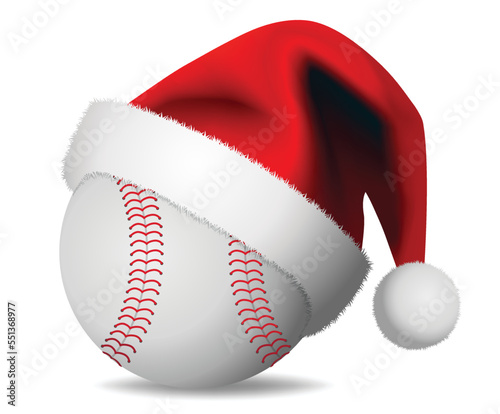 Baseball and Santa Claus hat. Merry christmas Card - vector design illustration on white Background