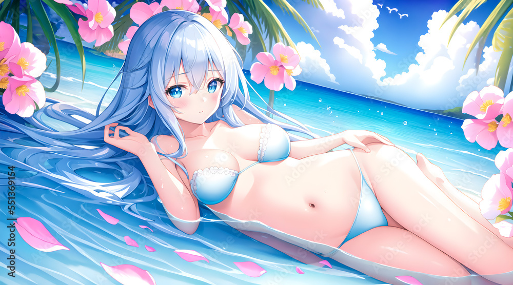 Obraz premium Sexy anime japanese girl big blue eyes on sea