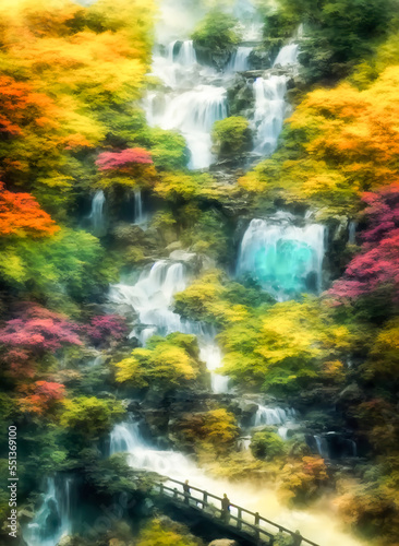 Fantasy landscape with waterfalls, forest and cherry blossoms