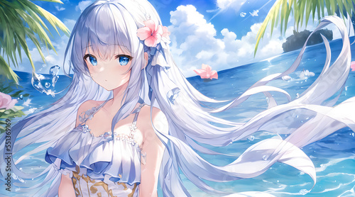 Sexy anime japanese girl big blue eyes on sea