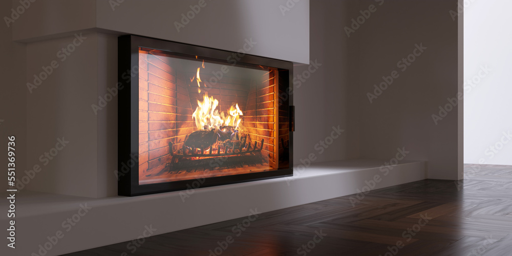 Obraz premium Energy Fireplace heating solution. Burning fire, wooden floor, concrete wall. 3d