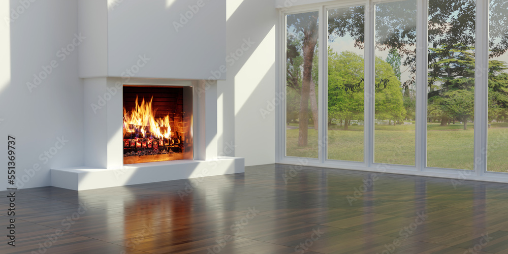 Fototapeta premium Energy Fireplace in white concrete wall, wooden floor, space. Park through glass window. 3d render