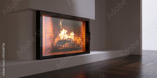 Energy Fireplace heating solution. Burning fire  wooden floor  concrete wall. 3d