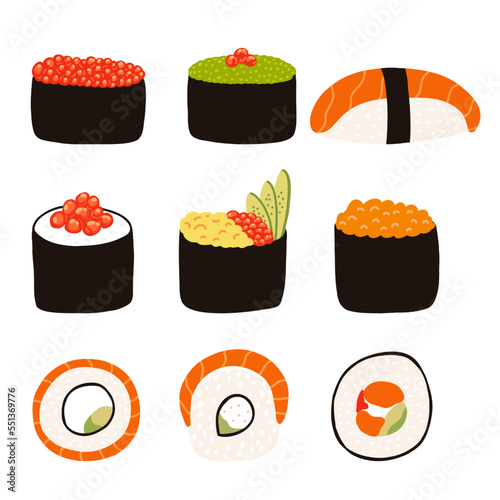 Sushi set in cartoon flat style. Hand drawn vector illustration of Japanese traditional cuisine