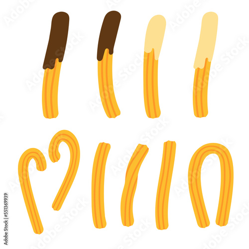 Set of churros with chocolate and cream sauce. Mexican snack. Hand drawn vector illustration. Churros sticks, different shapes on white.