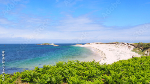 Panoramic view of the beautiful beach of Ile Saint Nicolas  main island of the famous Gl  nan archipelago located off the Brittany coast of Concarneau in the Morbihan department in western France