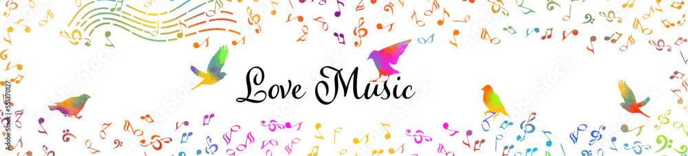 music notes and birds horizontal frame background. Vector illustration music notes and birds horizontal frame background. Vector illustration