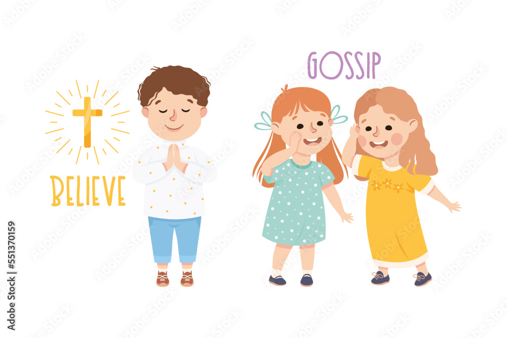 Little Boy and Girl Gossiping and Believing in God Demonstrating Vocabulary and Verb Studying Vector Set Little Boy and Girl Gossiping and Believing in God Demonstrating Vocabulary and Verb Studying Vector Set