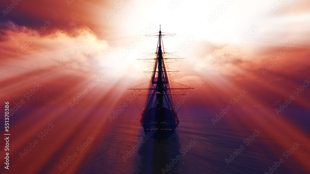 Fototapeta premium old ship sunset at sea 3d rendering