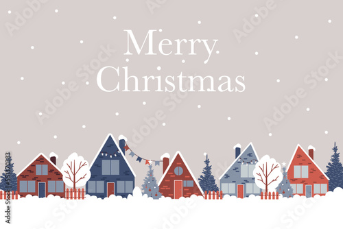 Winter vector greeting card with cute winter village and trees. Happy new year