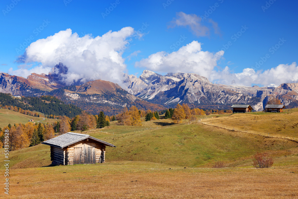 Autumn landscape of Seiser Alm (Alpe di Siusi) in South Tyrol, Italy, Europe	