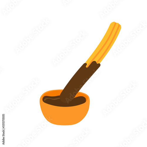 Sweet homemade churros with chocolate dipping sauce. Delicious Mexican snack. Flat vector design for cafe menu or poster.
