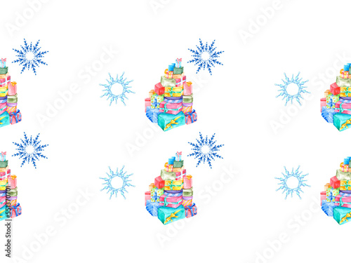 Snowflakes and gifts on a white background. Seamless pattern for textiles, wallpaper and Christmas holiday packaging.