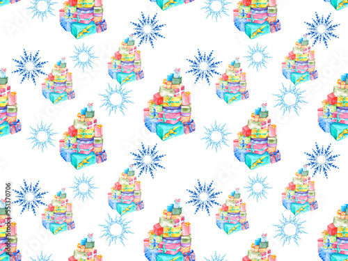 Snowflakes and gifts on a white background. Seamless pattern for textiles, wallpaper and Christmas holiday packaging.