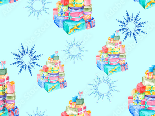 Snowflakes and gifts on a blue background. Seamless pattern for textiles, wallpaper and Christmas holiday packaging.