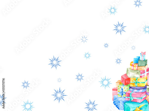 Snowflakes and a mountain of gifts on a white background with space for text. New Year's greeting card for greetings, invitations and banners.
